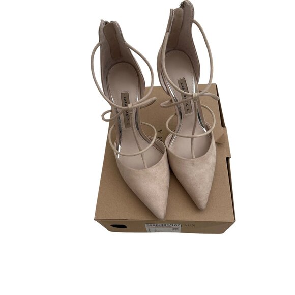 Zara Basic Sand T-Strap Suede High Heels - Picture 2 of 6